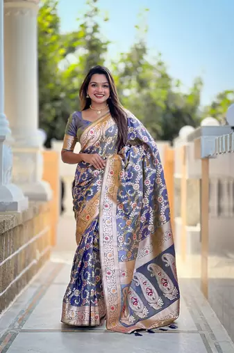 grey weaving zari meenakari work silk blend saree