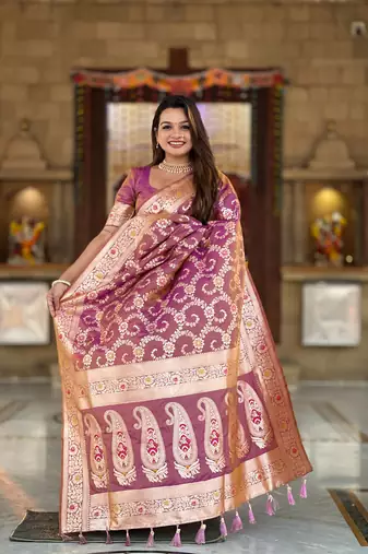 purple weaving zari meenakari work silk blend saree