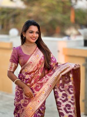 purple weaving zari meenakari work silk blend saree 4