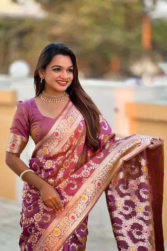 purple weaving zari meenakari work silk blend saree