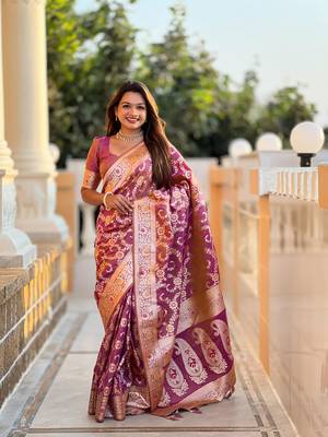 purple weaving zari meenakari work silk blend saree 5