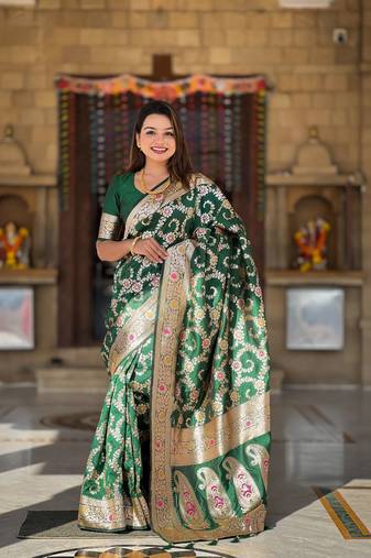 green weaving zari meenakari work silk blend saree