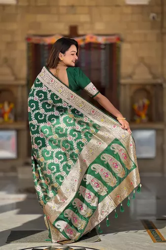 green weaving zari meenakari work silk blend saree