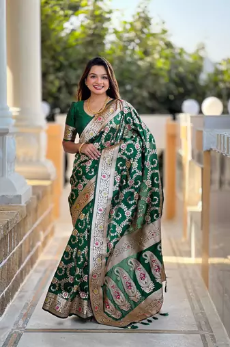 green weaving zari meenakari work silk blend saree