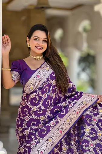 wine weaving zari meenakari work silk blend saree