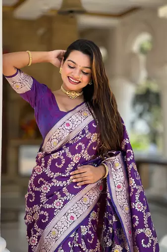 wine weaving zari meenakari work silk blend saree
