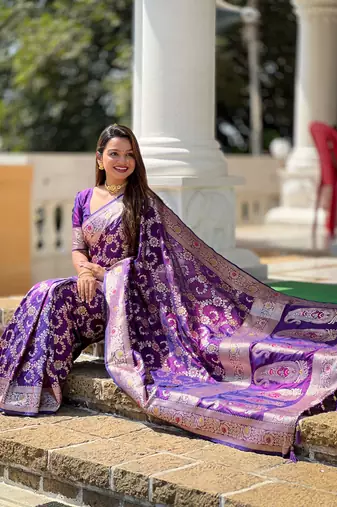wine weaving zari meenakari work silk blend saree