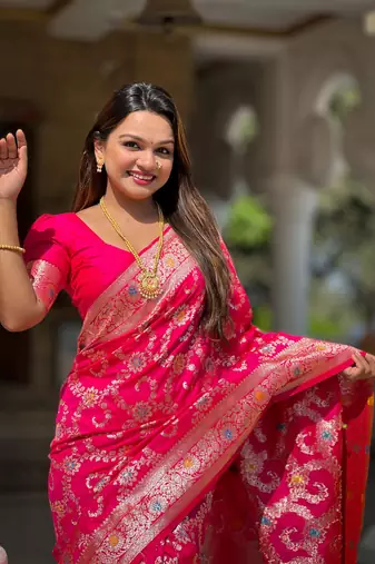magenta weaving zari meenakari work silk blend saree
