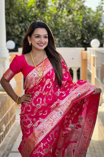 magenta weaving zari meenakari work silk blend saree