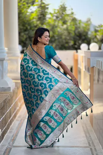 teal green weaving zari meenakari work silk blend saree