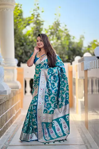 teal green weaving zari meenakari work silk blend saree
