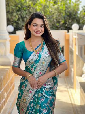 teal green weaving zari meenakari work silk blend saree 5