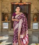 purple weaving zari meenakari work silk blend saree