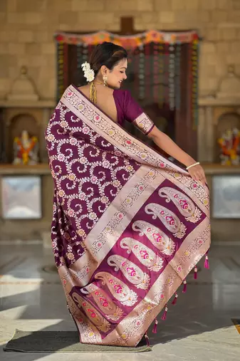 purple weaving zari meenakari work silk blend saree