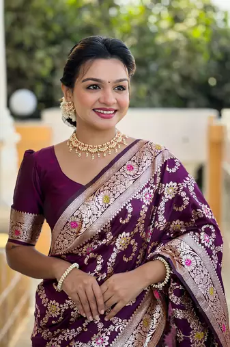 purple weaving zari meenakari work silk blend saree