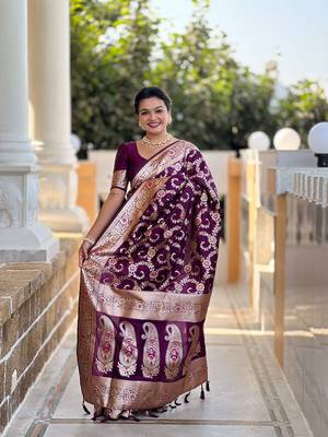 purple weaving zari meenakari work silk blend saree 4