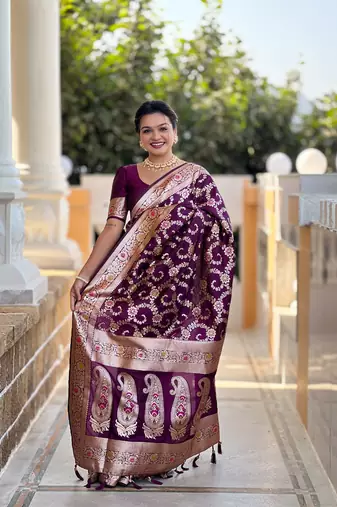 purple weaving zari meenakari work silk blend saree