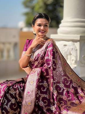 purple weaving zari meenakari work silk blend saree 5