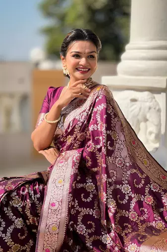 purple weaving zari meenakari work silk blend saree