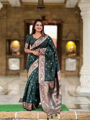 teal green weaving work banarasi silk blend saree 1