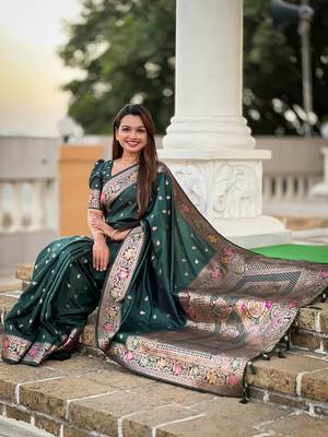 teal green weaving work banarasi silk blend saree 2
