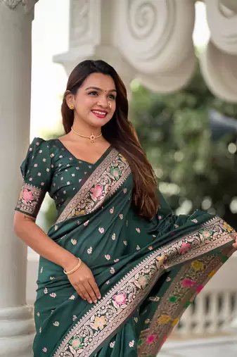 teal green weaving work banarasi silk blend saree