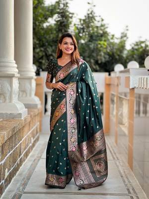 teal green weaving work banarasi silk blend saree 4