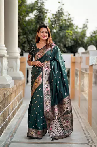 teal green weaving work banarasi silk blend saree
