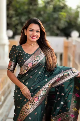 teal green weaving work banarasi silk blend saree