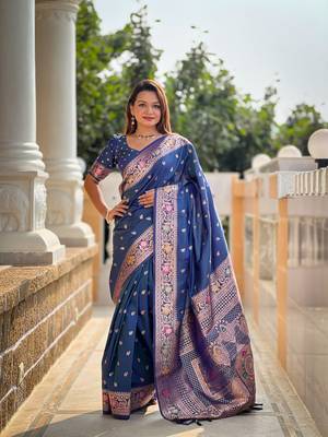 blue weaving zari work banarasi silk blend saree 1
