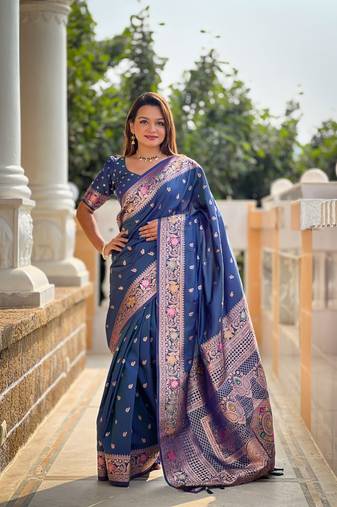 blue weaving zari work banarasi silk blend saree