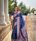 blue weaving zari work banarasi silk blend saree