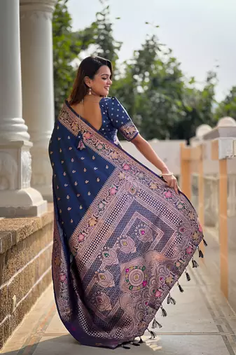 blue weaving zari work banarasi silk blend saree