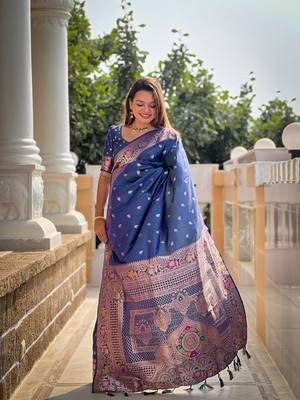 blue weaving zari work banarasi silk blend saree 3
