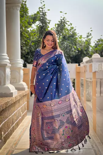 blue weaving zari work banarasi silk blend saree