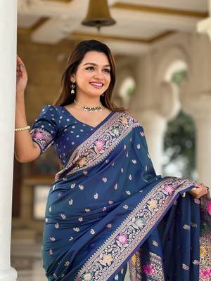blue weaving zari work banarasi silk blend saree 4