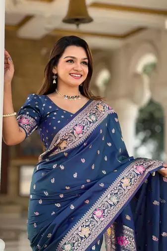 blue weaving zari work banarasi silk blend saree