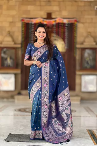 blue weaving zari work banarasi silk blend saree