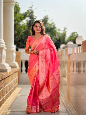 peach weaving zari work banarasi silk blend saree 1