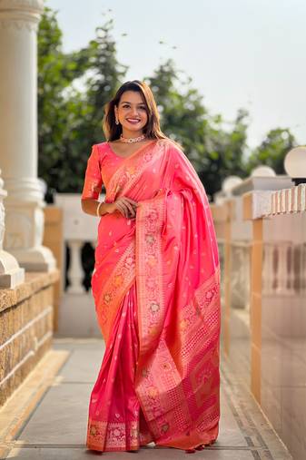 peach weaving zari work banarasi silk blend saree
