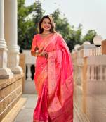 peach weaving zari work banarasi silk blend saree