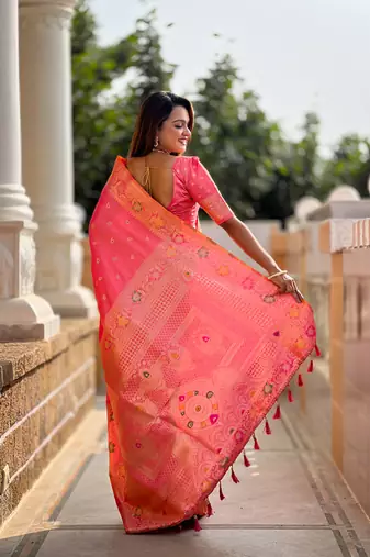 peach weaving zari work banarasi silk blend saree