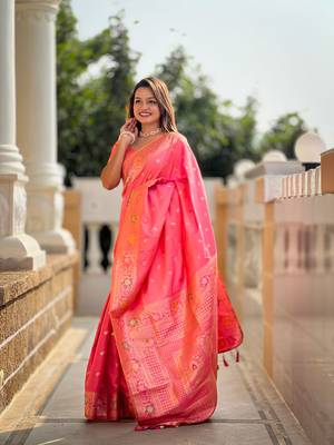 peach weaving zari work banarasi silk blend saree 3