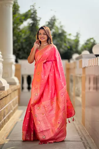 peach weaving zari work banarasi silk blend saree