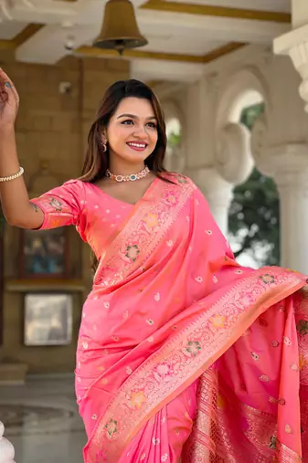 peach weaving zari work banarasi silk blend saree