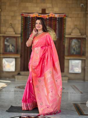 peach weaving zari work banarasi silk blend saree 5