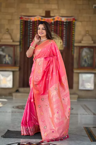 peach weaving zari work banarasi silk blend saree