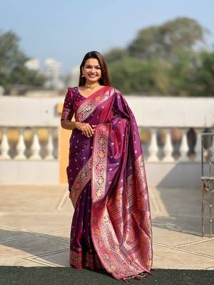 purple weaving zari work banarasi silk blend saree 1