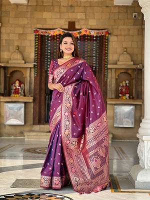 purple weaving zari work banarasi silk blend saree 4