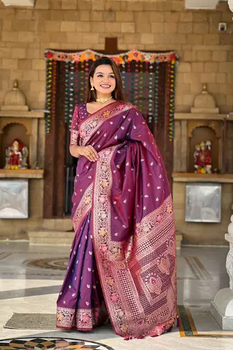 purple weaving zari work banarasi silk blend saree